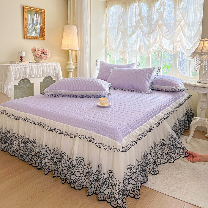 91家纺网 家纺一手货源 找家纺 2025新款凉感丝乳胶凉席床裙款夏被四件套-爱恋 紫