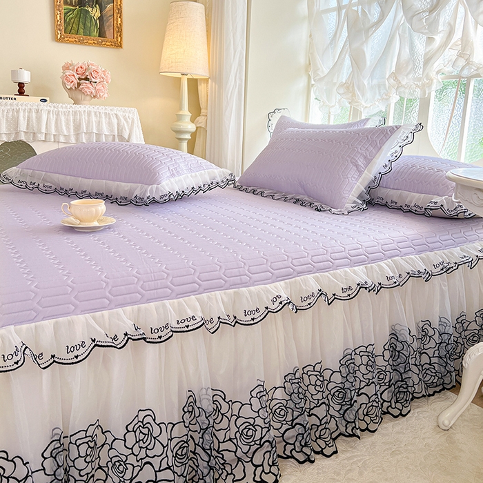 91家纺网 家纺一手货源 找家纺 2025新款凉感丝乳胶凉席床裙款夏被四件套-爱恋 紫