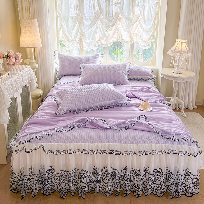 91家纺网 家纺一手货源 找家纺 2025新款凉感丝乳胶凉席床裙款夏被四件套-爱恋 紫