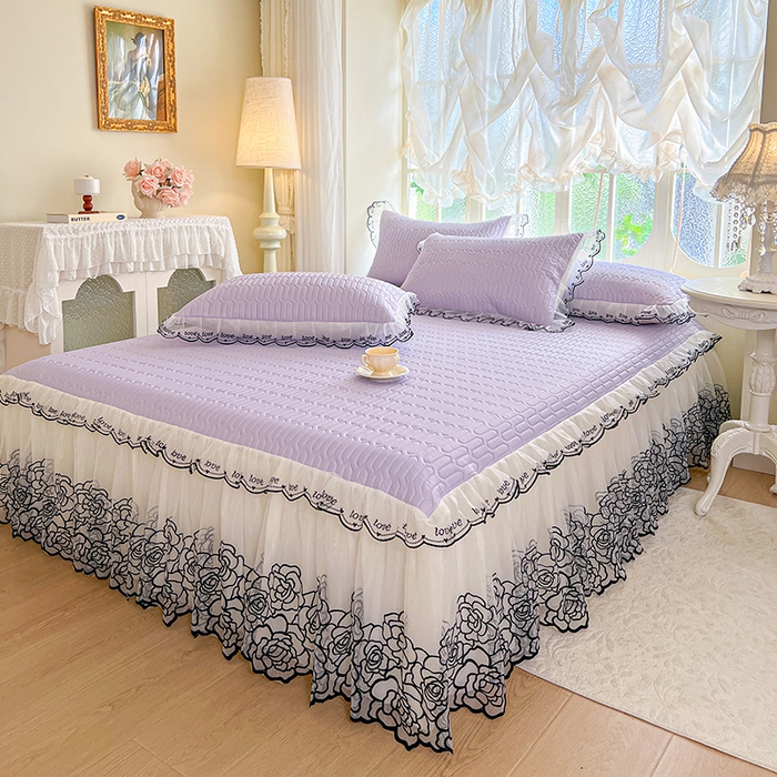 91家纺网 家纺一手货源 找家纺 2025新款凉感丝乳胶凉席床裙款夏被四件套-爱恋 紫