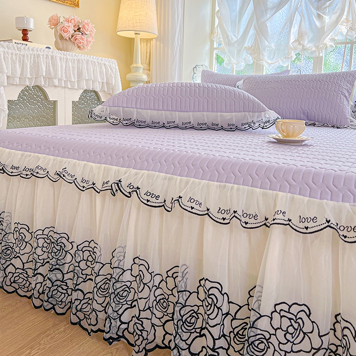 91家纺网 家纺一手货源 找家纺 2025新款凉感丝乳胶凉席床裙款夏被四件套-爱恋 紫