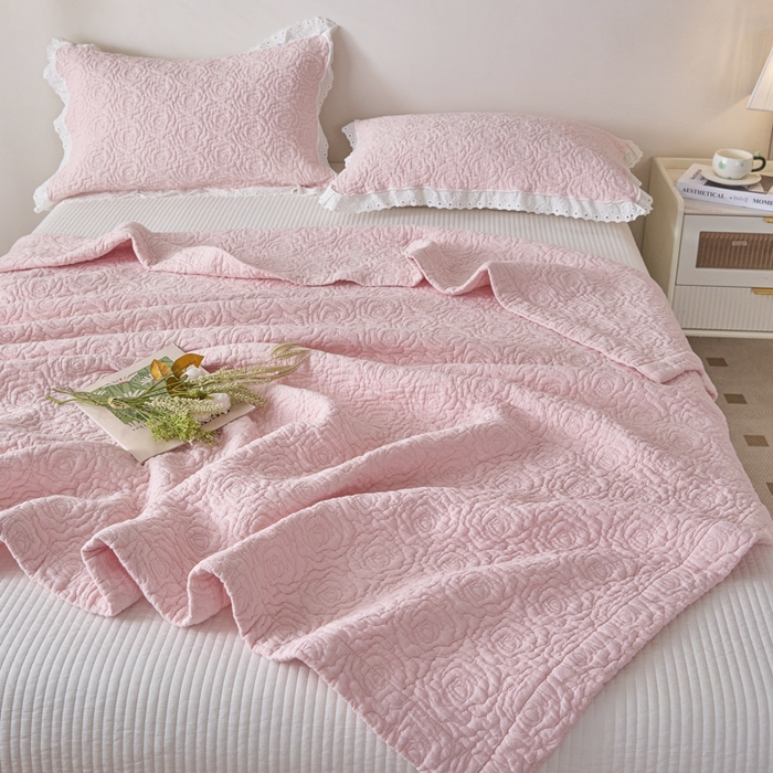 91家纺网 家纺一手货源 找家纺 悦然毛巾被 2025新款全棉沁氧纱布夏被夏凉被空调被毛巾被 玫瑰沁氧粉