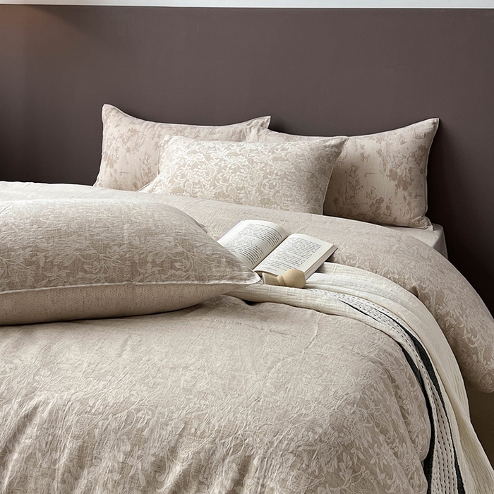 91家纺网 家纺一手货源 找家纺 （总）鸿羽樱2025新款新款棉麻色织提花双层纱简单款四件套