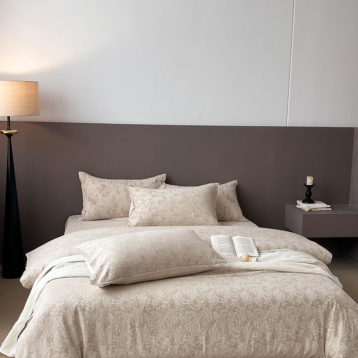 91家纺网 家纺一手货源 找家纺 （总）鸿羽樱2025新款新款棉麻色织提花双层纱简单款四件套