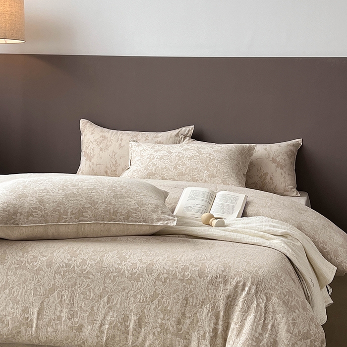 91家纺网 家纺一手货源 找家纺 鸿羽樱2025新款新款棉麻色织提花双层纱简单款四件套 繁花