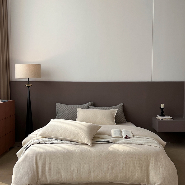 91家纺网 家纺一手货源 找家纺 鸿羽樱2025新款新款棉麻色织提花双层纱简单款四件套 铃兰浅