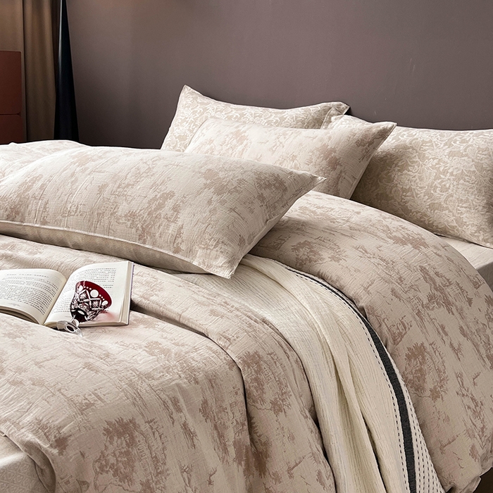 鸿羽樱2025新款棉麻色织提花双层纱简单款四件套 烟雨江南