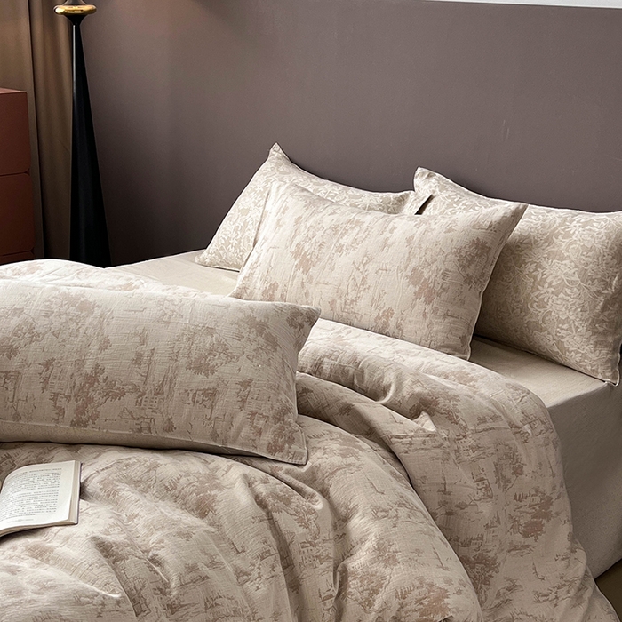 91家纺网 家纺一手货源 找家纺 鸿羽樱2025新款新款棉麻色织提花双层纱简单款四件套 烟雨江南