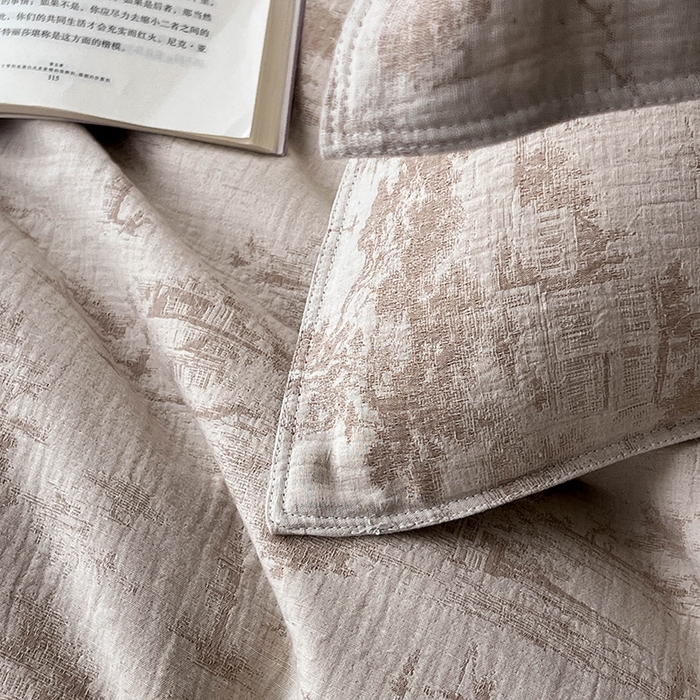 91家纺网 家纺一手货源 找家纺 鸿羽樱2025新款新款棉麻色织提花双层纱简单款四件套 烟雨江南