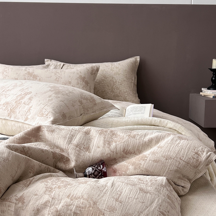 91家纺网 家纺一手货源 找家纺 鸿羽樱2025新款新款棉麻色织提花双层纱简单款四件套 烟雨江南