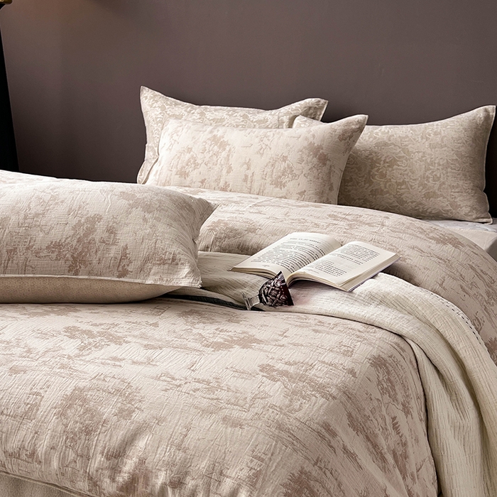 91家纺网 家纺一手货源 找家纺 鸿羽樱2025新款新款棉麻色织提花双层纱简单款四件套 烟雨江南