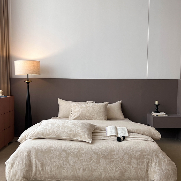 91家纺网 家纺一手货源 找家纺 鸿羽樱2025新款新款棉麻色织提花双层纱简单款四件套 叶兰