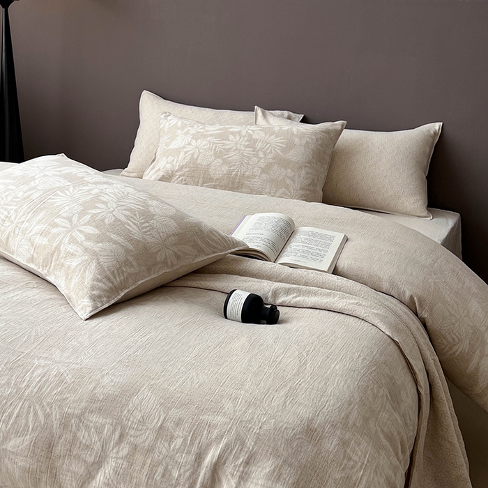 91家纺网 家纺一手货源 找家纺 鸿羽樱2025新款新款棉麻色织提花双层纱简单款四件套 叶兰