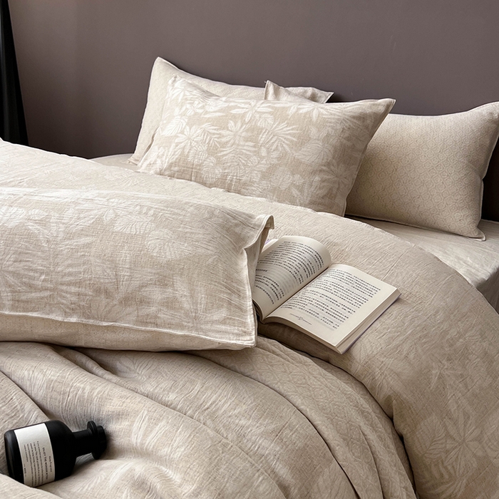 鸿羽樱2025新款棉麻色织提花双层纱简单款四件套 叶兰