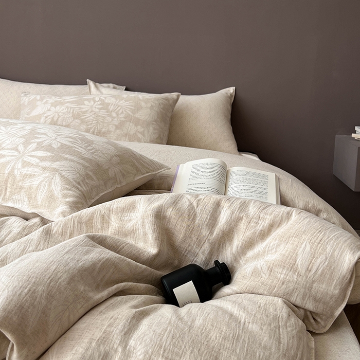 91家纺网 家纺一手货源 找家纺 鸿羽樱2025新款新款棉麻色织提花双层纱简单款四件套 叶兰