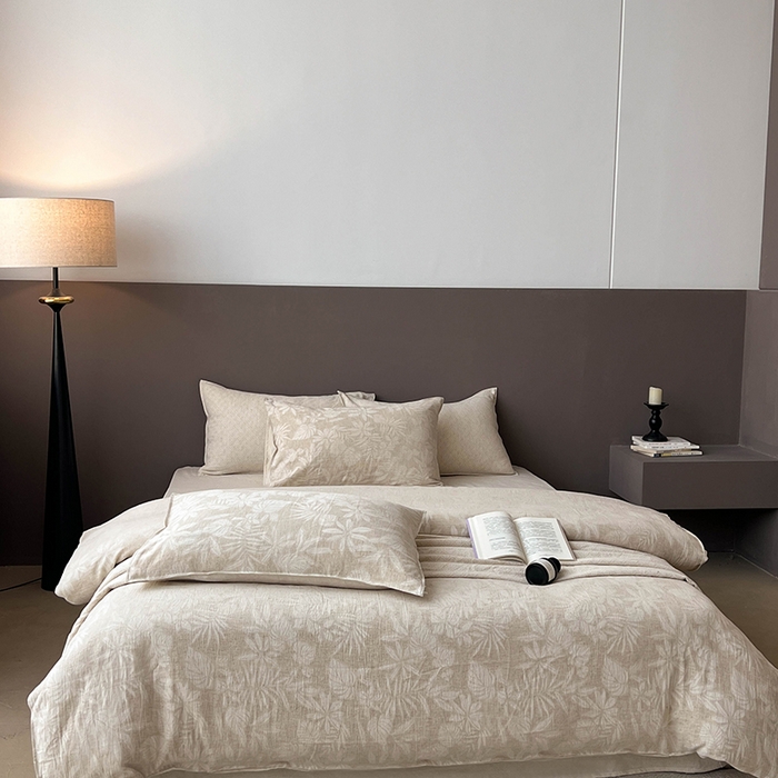 91家纺网 家纺一手货源 找家纺 鸿羽樱2025新款新款棉麻色织提花双层纱简单款四件套 叶兰