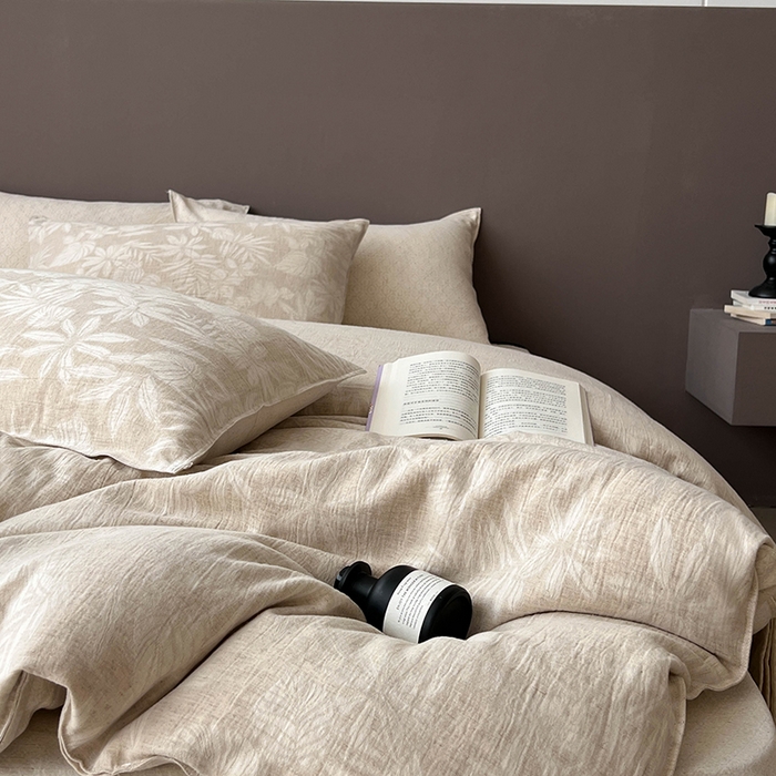 91家纺网 家纺一手货源 找家纺 鸿羽樱2025新款新款棉麻色织提花双层纱简单款四件套 叶兰