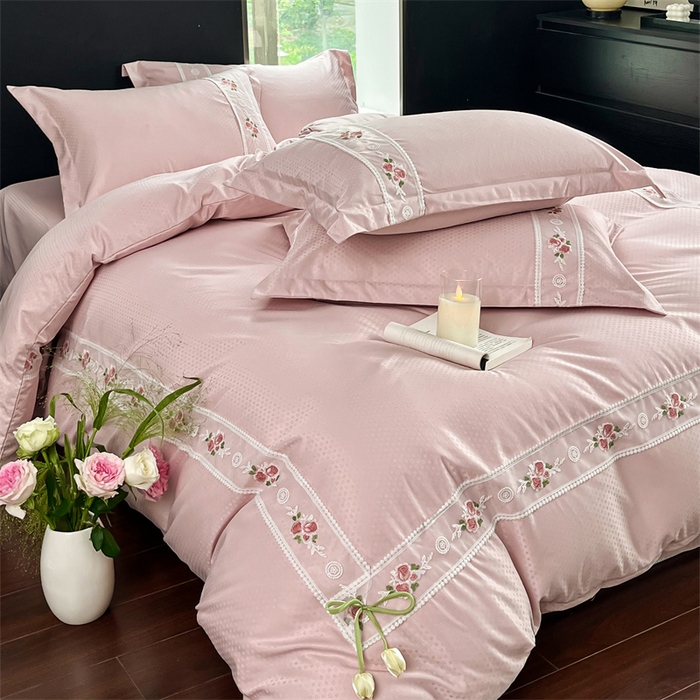 91家纺网 家纺一手货源 找家纺 庭笙 2025新款轻奢少女小香风提花四件套 星云粉