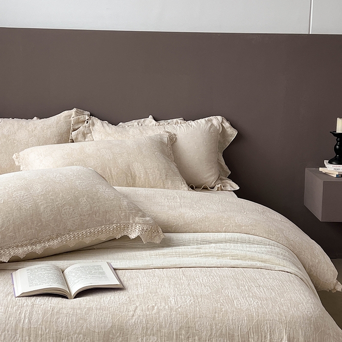 91家纺网 家纺一手货源 找家纺 （总）凡客2025新款棉麻色织提花双层纱四件套（镂空花边款）