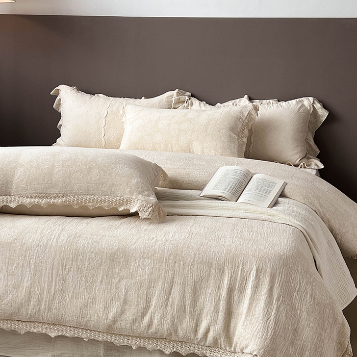 91家纺网 家纺一手货源 找家纺 （总）凡客2025新款棉麻色织提花双层纱四件套（镂空花边款）