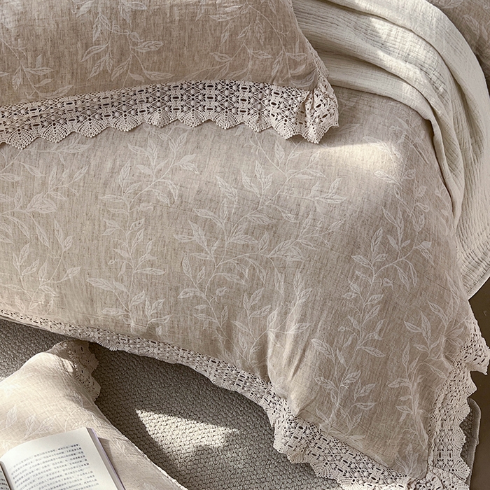 91家纺网 家纺一手货源 找家纺 凡客2025新款棉麻色织提花双层纱四件套（镂空花边款） 风吟