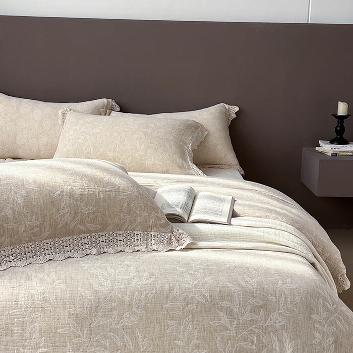 91家纺网 家纺一手货源 找家纺 凡客2025新款棉麻色织提花双层纱四件套（镂空花边款） 风吟