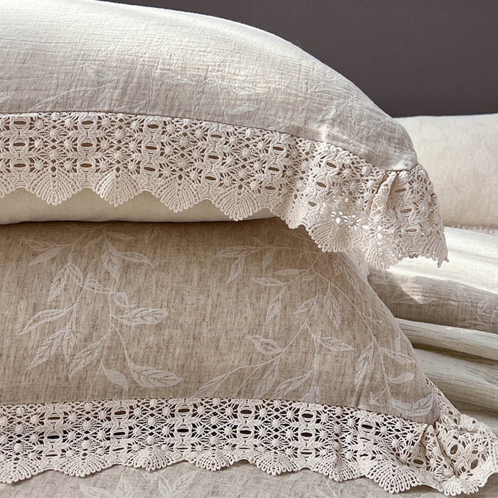 91家纺网 家纺一手货源 找家纺 凡客2025新款棉麻色织提花双层纱四件套（镂空花边款） 风吟