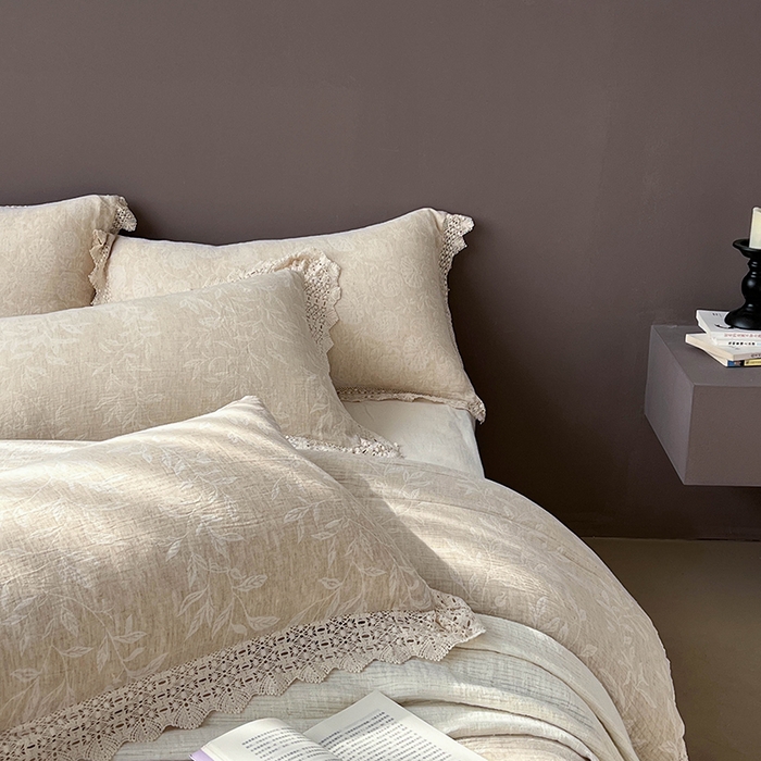 91家纺网 家纺一手货源 找家纺 凡客2025新款棉麻色织提花双层纱四件套（镂空花边款） 风吟