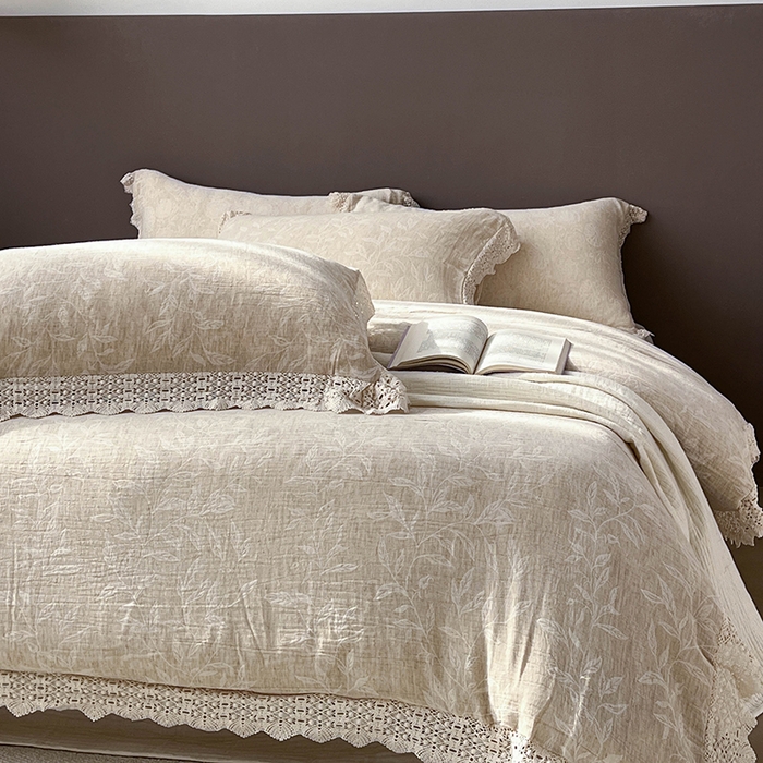 91家纺网 家纺一手货源 找家纺 凡客2025新款棉麻色织提花双层纱四件套（镂空花边款） 风吟