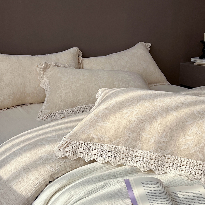 91家纺网 家纺一手货源 找家纺 凡客2025新款棉麻色织提花双层纱四件套（镂空花边款） 风吟