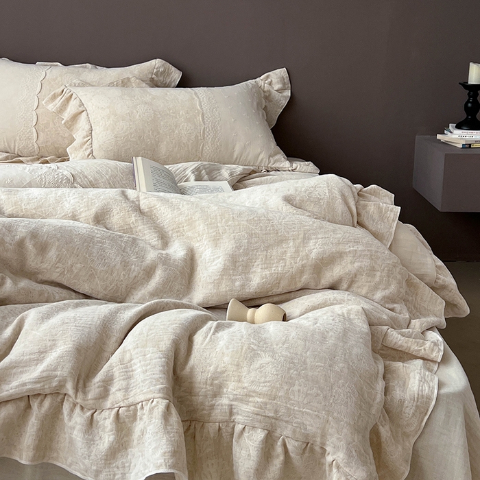 91家纺网 家纺一手货源 找家纺 凡客2025新款棉麻色织提花双层纱四件套（镂空花边款） 赫本