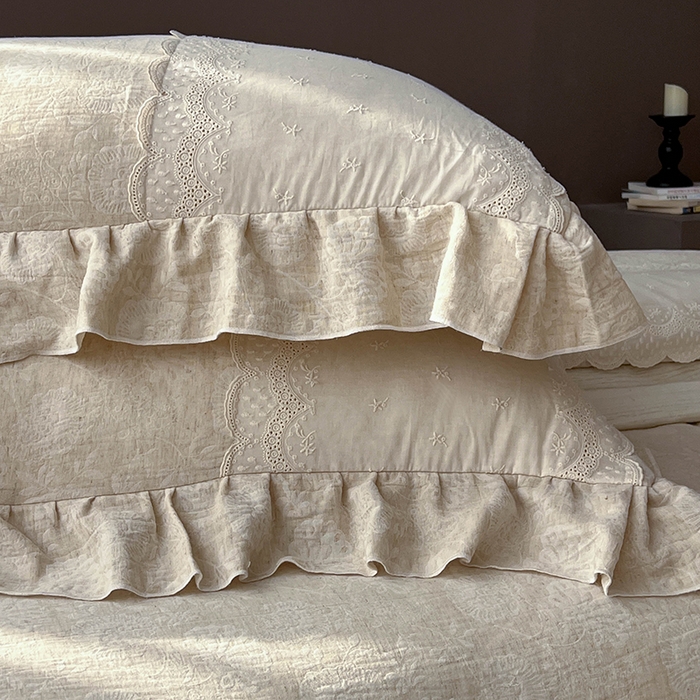 91家纺网 家纺一手货源 找家纺 凡客2025新款棉麻色织提花双层纱四件套（镂空花边款） 赫本