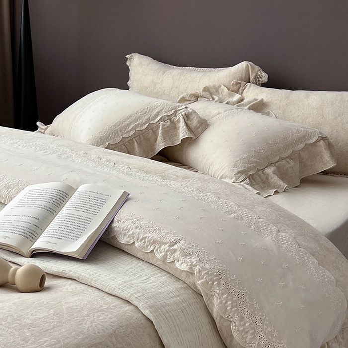 91家纺网 家纺一手货源 找家纺 凡客2025新款棉麻色织提花双层纱四件套（镂空花边款） 赫本