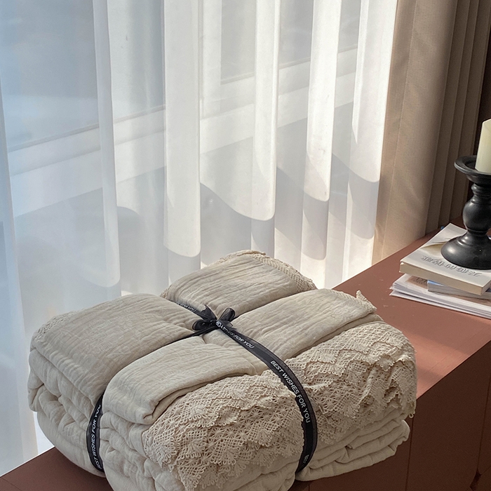 91家纺网 家纺一手货源 找家纺 凡客2025新款棉麻色织提花双层纱四件套（镂空花边款） 万物生