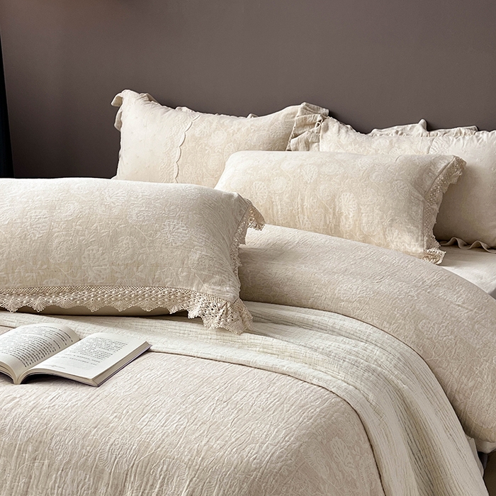 91家纺网 家纺一手货源 找家纺 凡客2025新款棉麻色织提花双层纱四件套（镂空花边款） 万物生