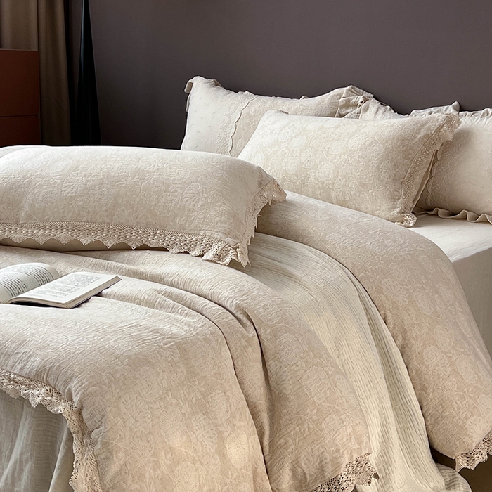 91家纺网 家纺一手货源 找家纺 凡客2025新款棉麻色织提花双层纱四件套（镂空花边款） 万物生