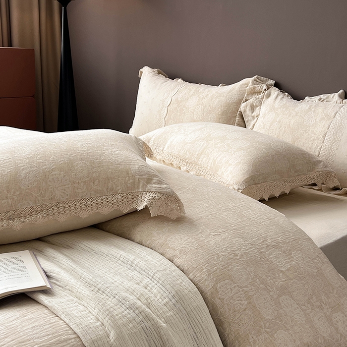 91家纺网 家纺一手货源 找家纺 凡客2025新款棉麻色织提花双层纱四件套（镂空花边款） 万物生