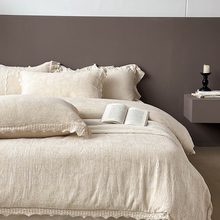 91家纺网 家纺一手货源 找家纺 凡客2025新款棉麻色织提花双层纱四件套（镂空花边款） 万物生