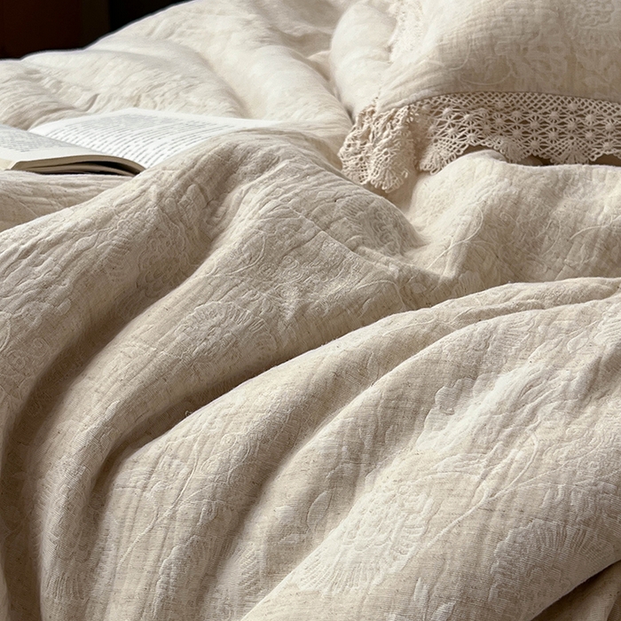 91家纺网 家纺一手货源 找家纺 凡客2025新款棉麻色织提花双层纱四件套（镂空花边款） 万物生