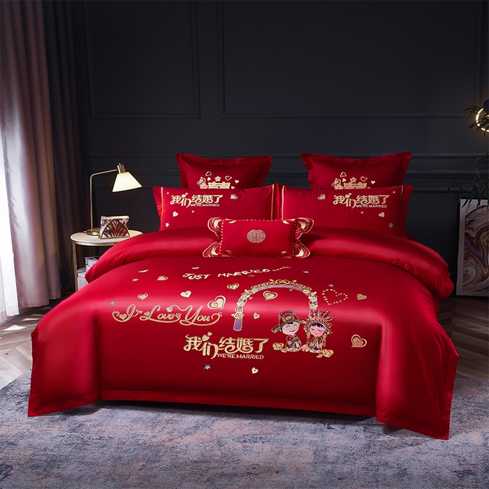 91家纺网 家纺一手货源 找家纺 洽想家 2025新款全棉新中式刺绣婚庆四件套多件套（控价销售最低不低于288元） 佳偶天成