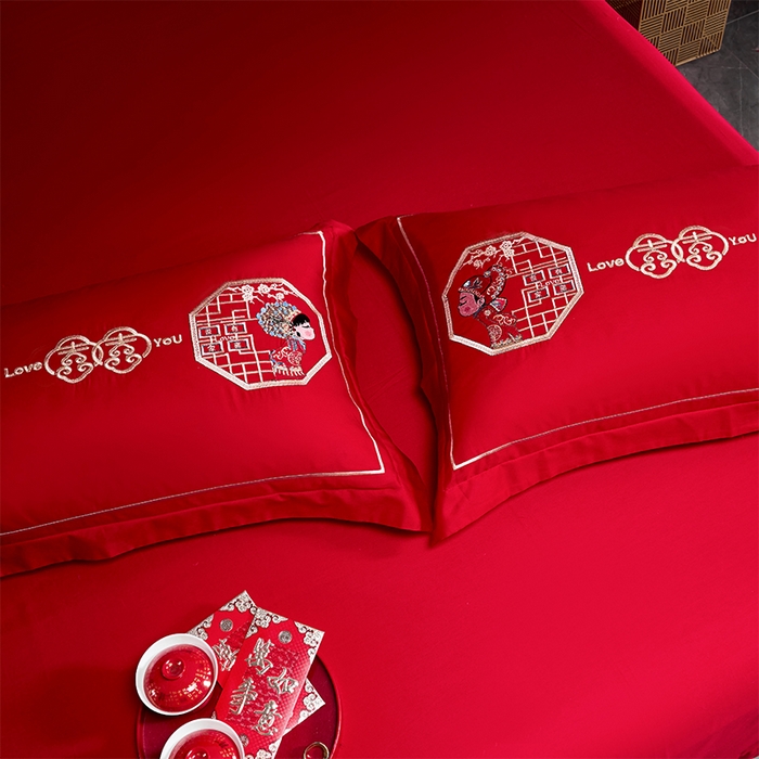 91家纺网 家纺一手货源 找家纺 洽想家 2025新款全棉新中式刺绣婚庆四件套多件套（控价销售最低不低于288元） 相亲相爱(大红)