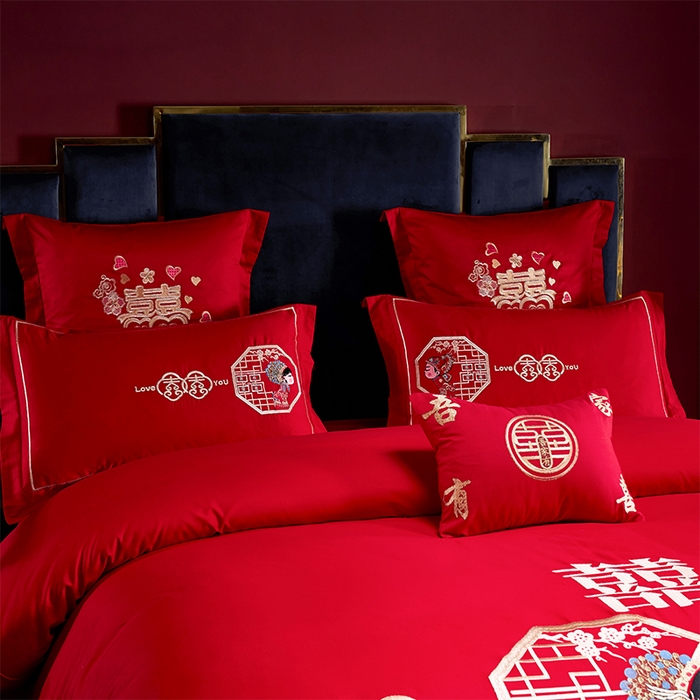 91家纺网 家纺一手货源 找家纺 洽想家 2025新款全棉新中式刺绣婚庆四件套多件套（控价销售最低不低于288元） 相亲相爱(大红)