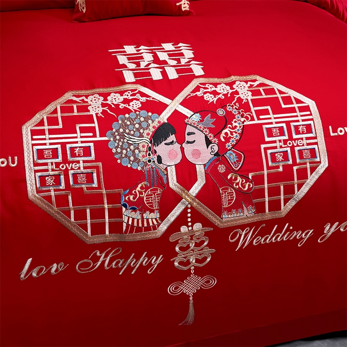 91家纺网 家纺一手货源 找家纺 洽想家 2025新款全棉新中式刺绣婚庆四件套多件套（控价销售最低不低于288元） 相亲相爱(大红)