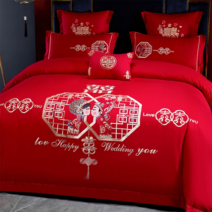 91家纺网 家纺一手货源 找家纺 洽想家 2025新款全棉新中式刺绣婚庆四件套多件套（控价销售最低不低于288元） 相亲相爱(大红)