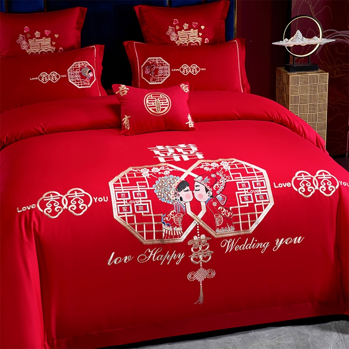 91家纺网 家纺一手货源 找家纺 洽想家 2025新款全棉新中式刺绣婚庆四件套多件套（控价销售最低不低于288元） 相亲相爱(大红)
