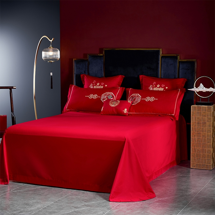 91家纺网 家纺一手货源 找家纺 洽想家 2025新款全棉新中式刺绣婚庆四件套多件套（控价销售最低不低于288元） 相亲相爱(大红)