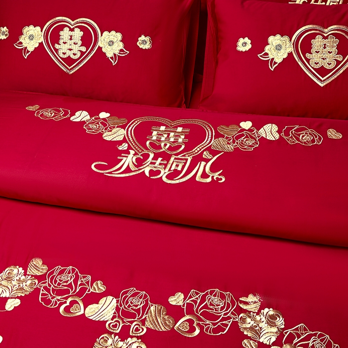 91家纺网 家纺一手货源 找家纺 洽想家 2025新款全棉新中式刺绣婚庆四件套多件套（控价销售最低不低于288元） 永结同心