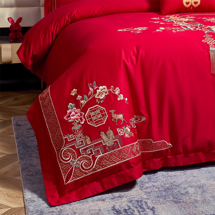 91家纺网 家纺一手货源 找家纺 洽想家 2025新款全棉新中式刺绣婚庆四件套多件套（控价销售最低不低于288元） 诗情画意