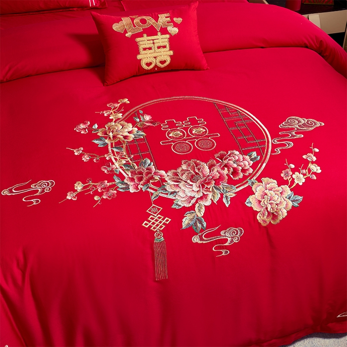 91家纺网 家纺一手货源 找家纺 洽想家 2025新款全棉新中式刺绣婚庆四件套多件套（控价销售最低不低于288元） 诗情画意