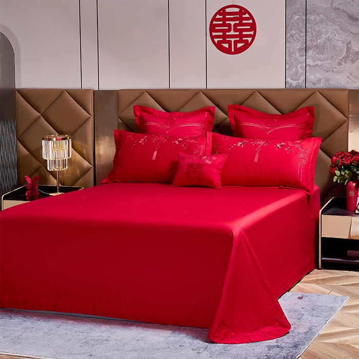 91家纺网 家纺一手货源 找家纺 洽想家 2025新款全棉新中式刺绣婚庆四件套多件套（控价销售最低不低于288元） 诗情画意（红）